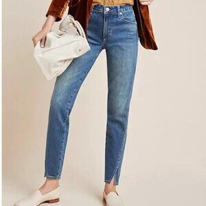 AMO Twist Jeans Women’s Size 26 Blue High Rise Slim Straight Raw Hem Stretch